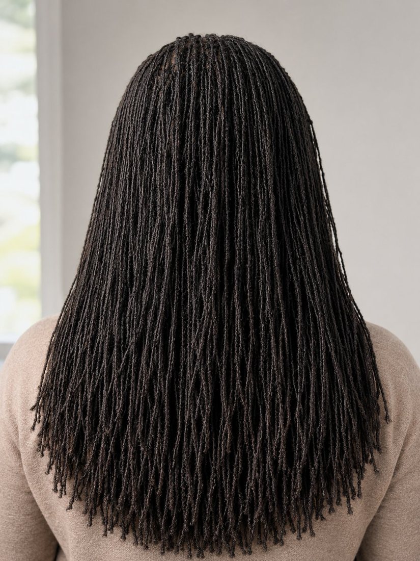 Long straight microlocs, back view